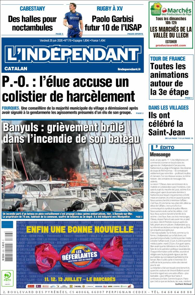 Portada de Le Indépendant (Francia)