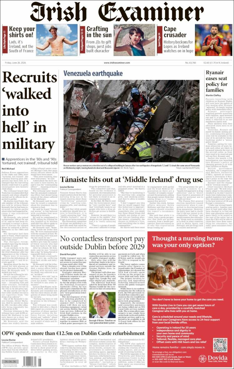 Portada de Irish Examiner (Irlanda)