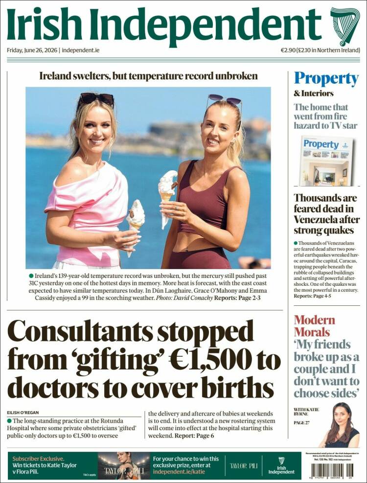 Portada de Irish Independent (Irlanda)