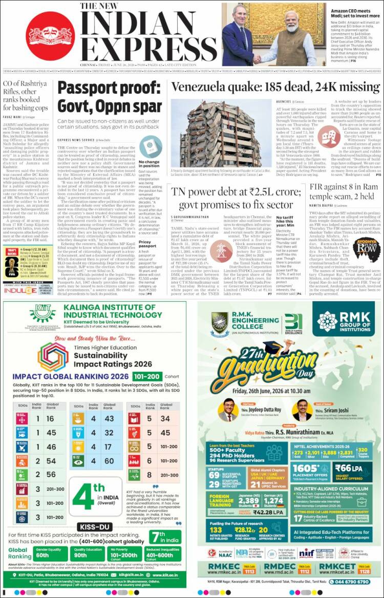 Portada de New Indian Express (India)