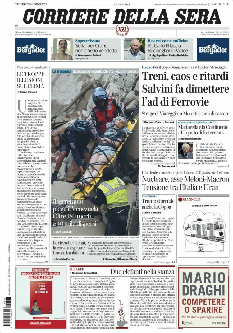 Portada de Corriere della Sera (Italia)