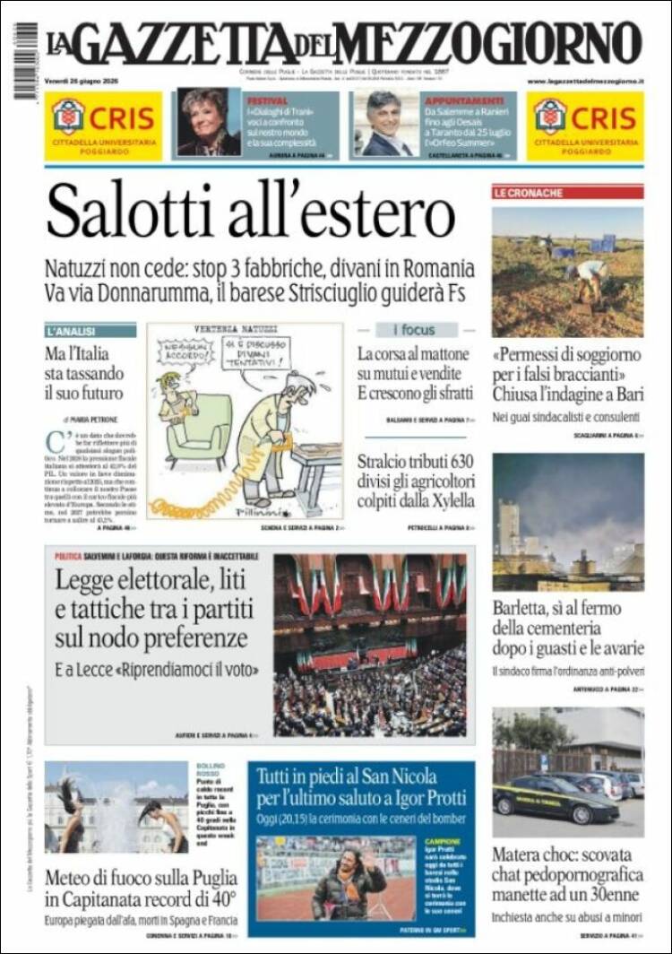 Portada de La Gazzetta del Mezzogiorno (Italia)