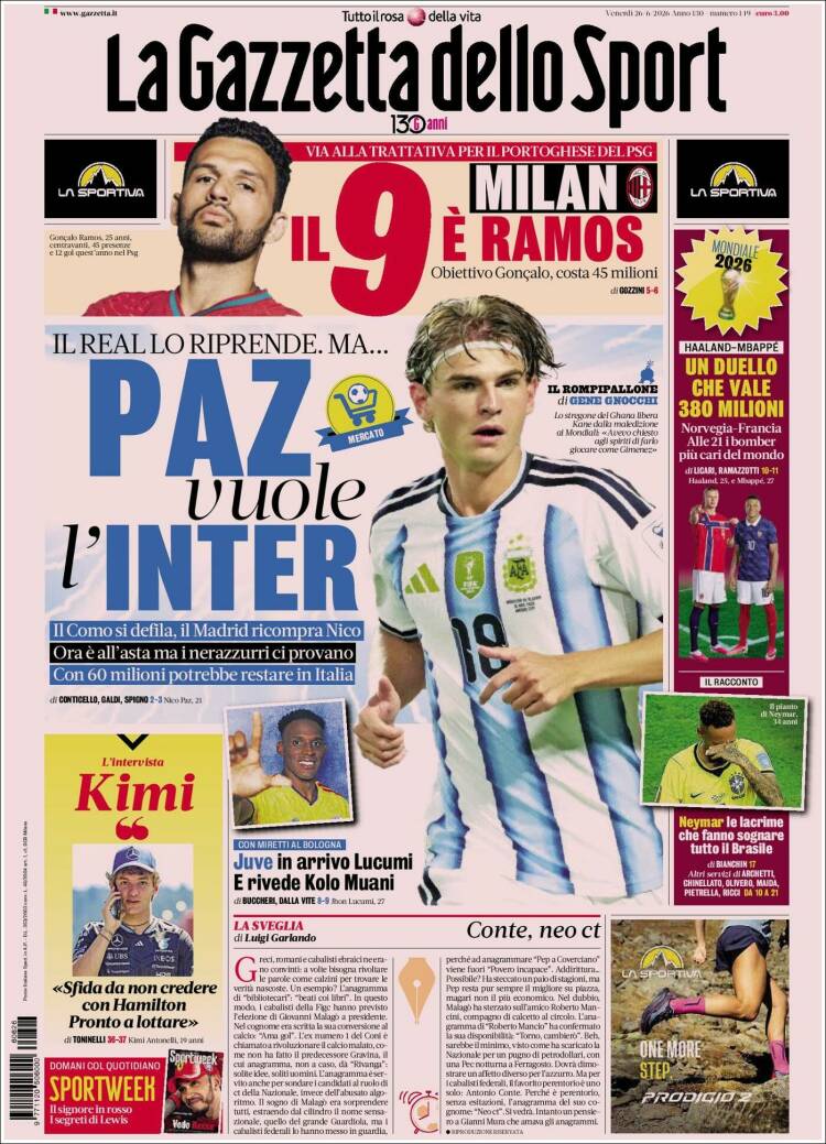Portada de La Gazzetta dello Sport (Italia)