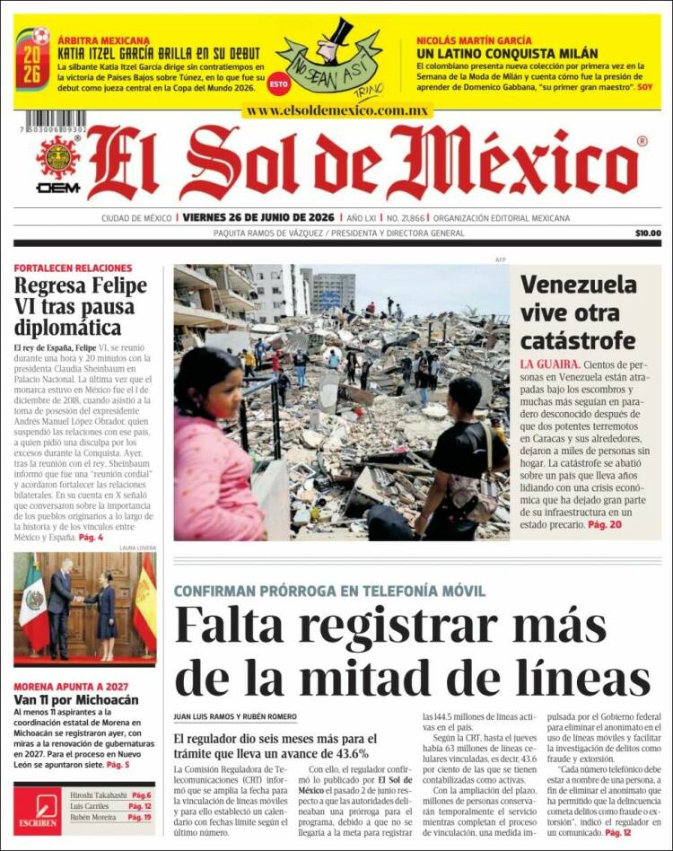 Portada de El Sol de México (M&eacute;xico)