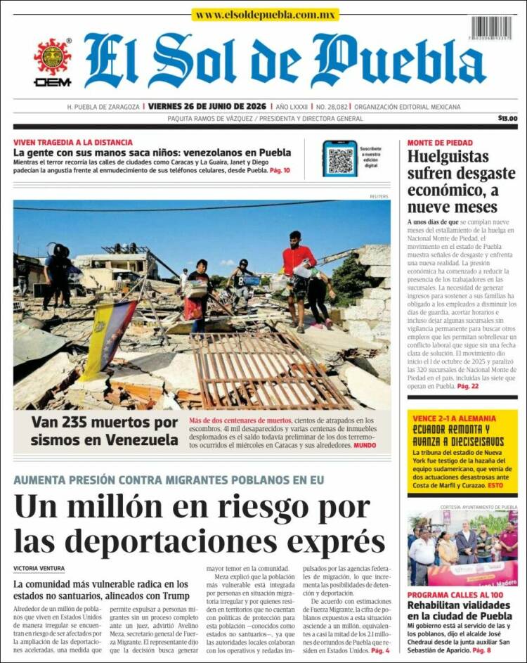 Portada de El Sol de Puebla (M&eacute;xico)