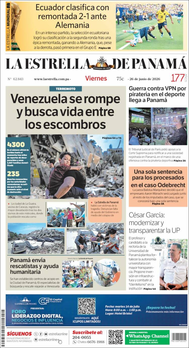 Portada de La Estrella de Panamá (Panam&aacute;)