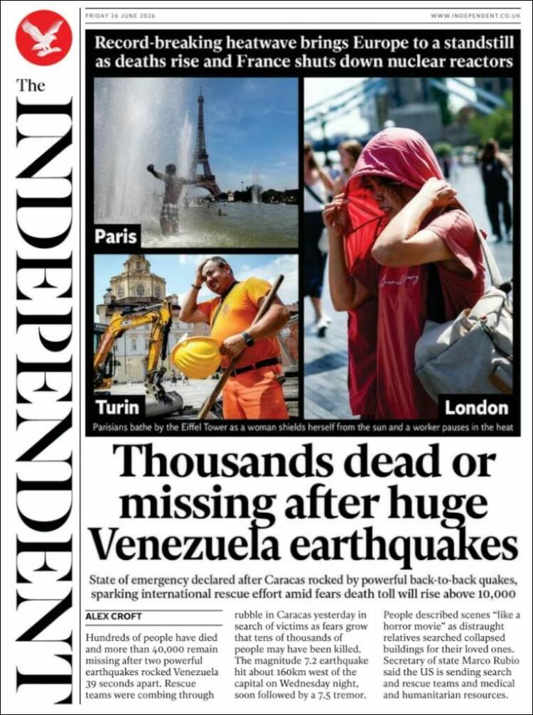 Portada de The Independent (Reino Unido)