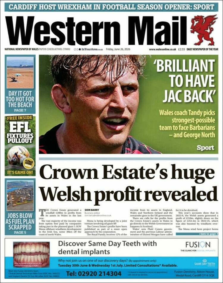 Portada de Western Mail (Reino Unido)