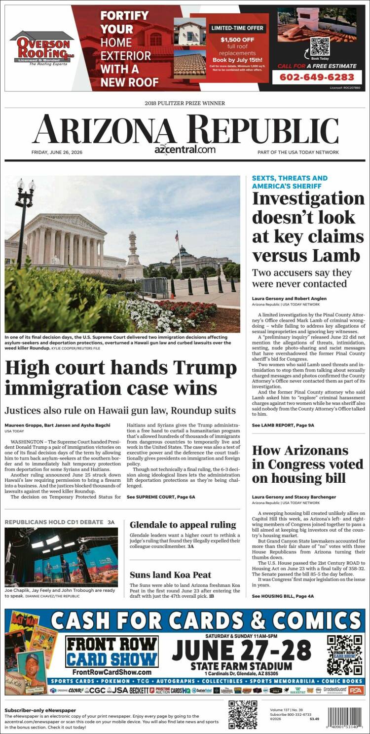 Portada de Arizona Republic News (USA)
