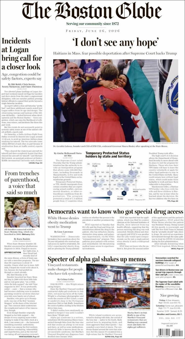Portada de Boston Globe (USA)