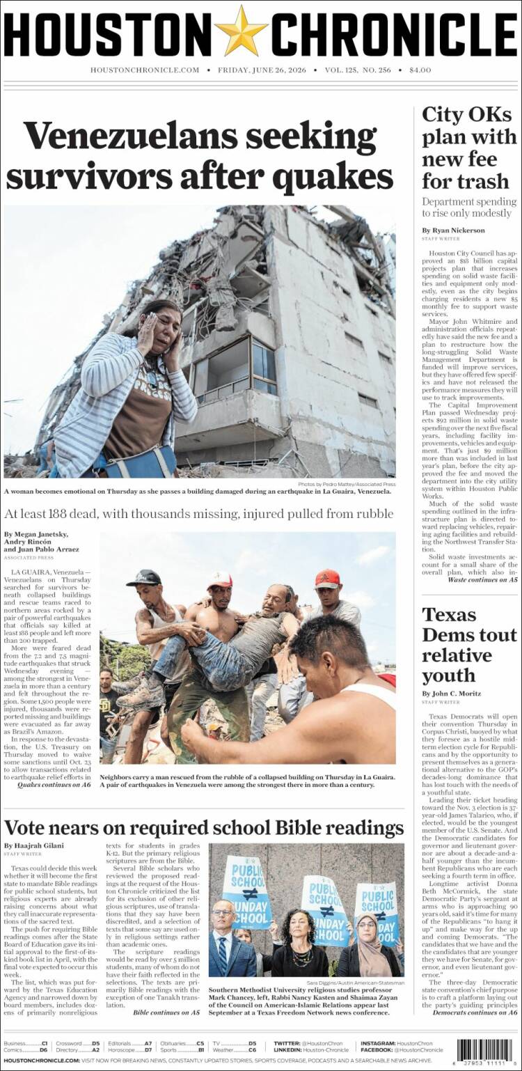 Portada de Houston Chronicle (USA)