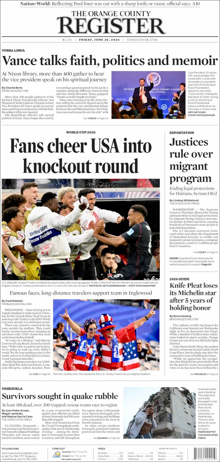 Portada de The Orange County Register (USA)