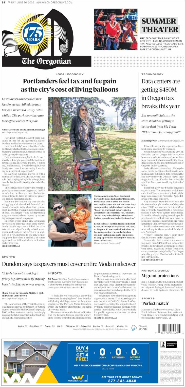 Portada de The Oregonian (USA)