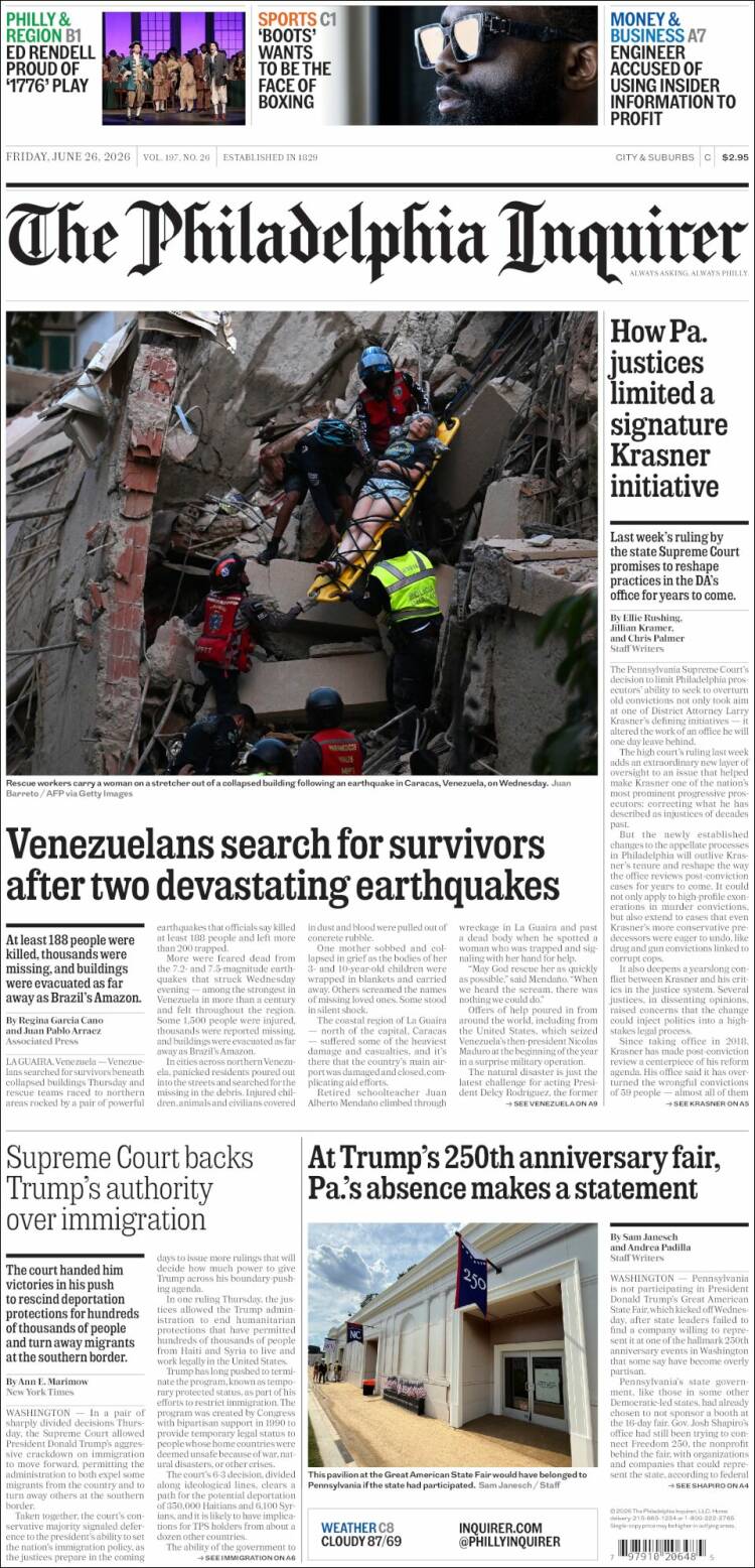 Portada de Philadelphia Inquirer (USA)