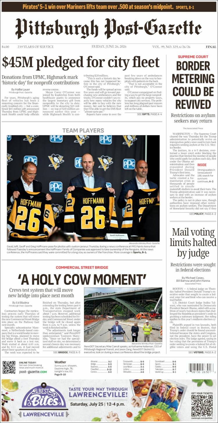 Portada de Pittsburgh Post-Gazette (USA)