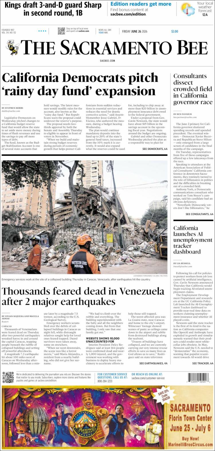 Portada de The Sacramento Bee (USA)