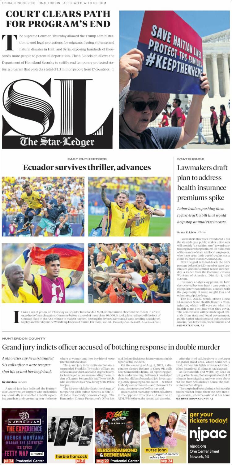 Portada de Star-Ledger (USA)
