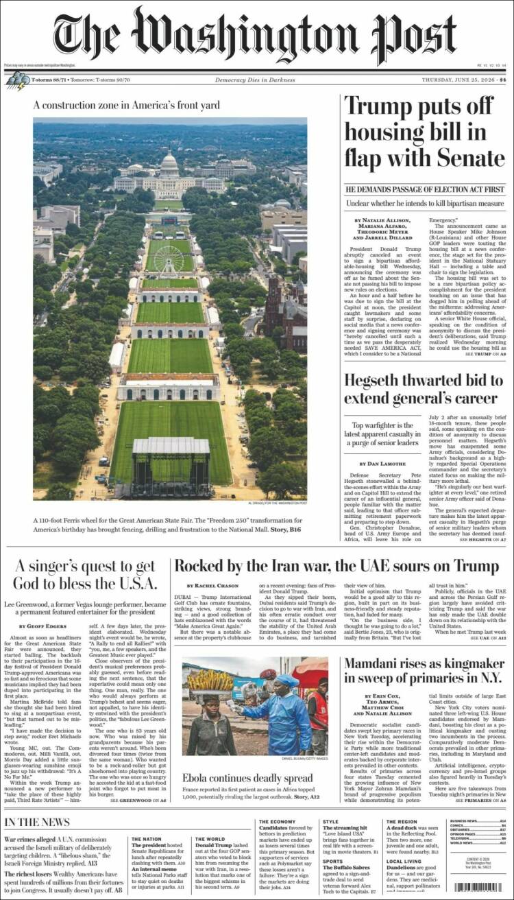 Portada de The Washington Post (USA)