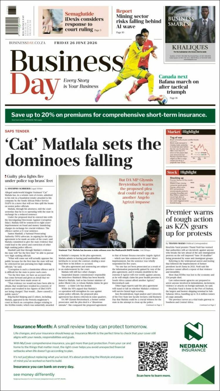 Portada de Business Day (Sud&aacute;frica)