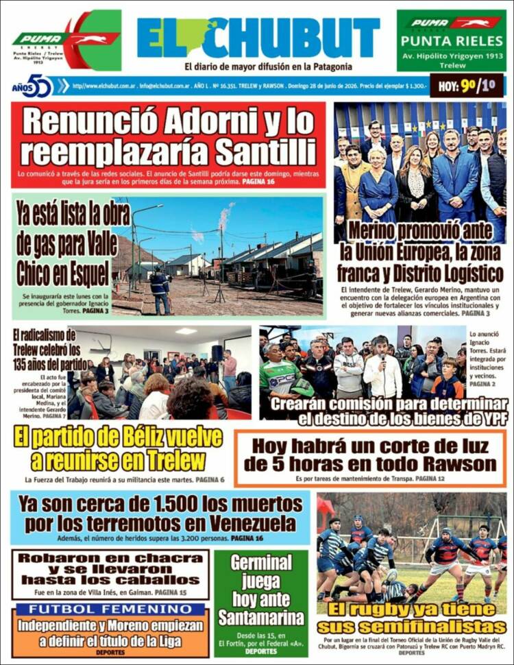 Portada de El Chubut (Argentina)