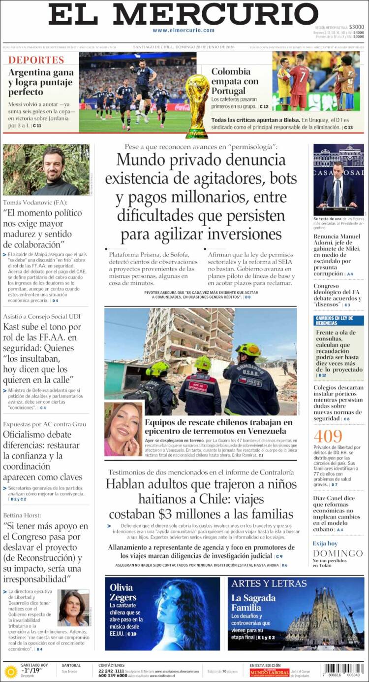 Portada de El Mercurio (Chile)