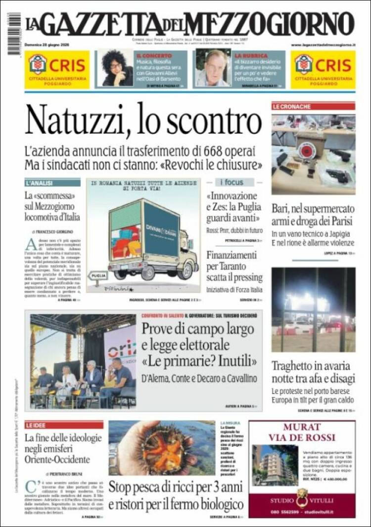 Portada de La Gazzetta del Mezzogiorno (Italia)