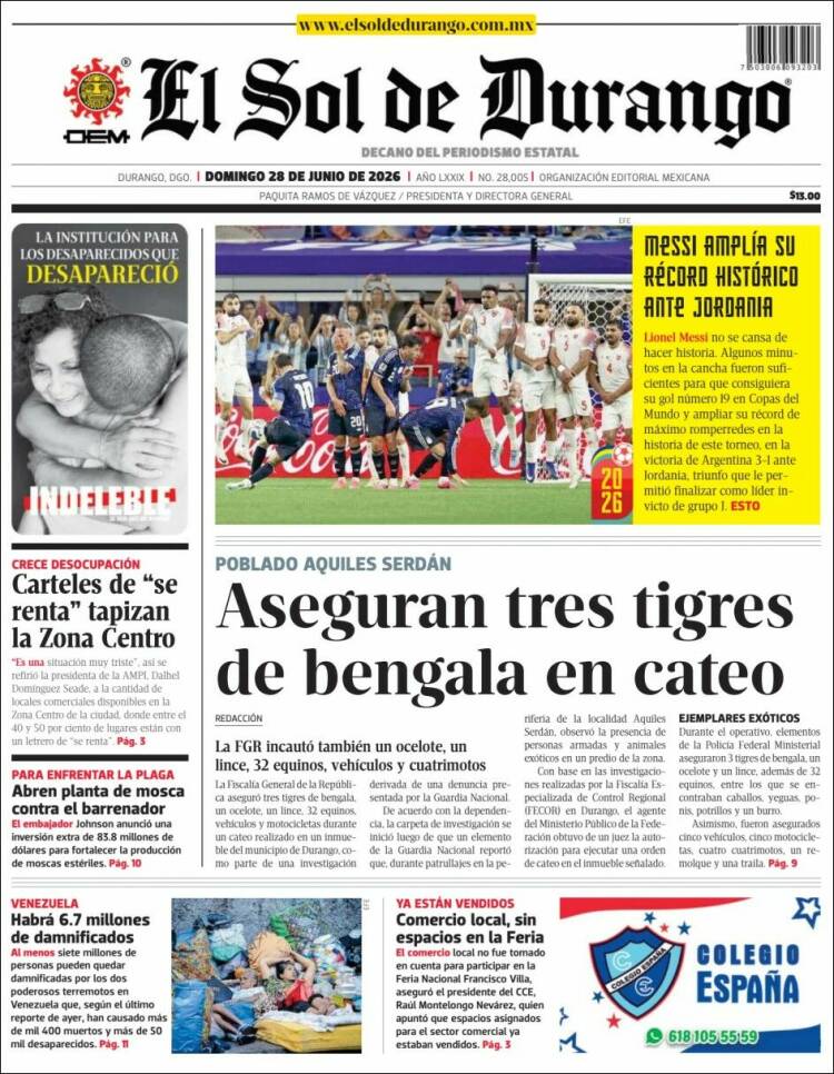 Portada de El Sol de Durango (M&eacute;xico)
