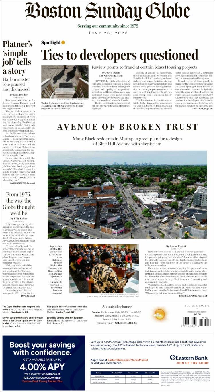 Portada de Boston Globe (USA)