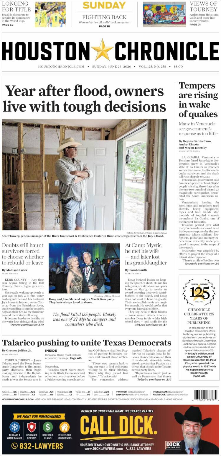 Portada de Houston Chronicle (USA)