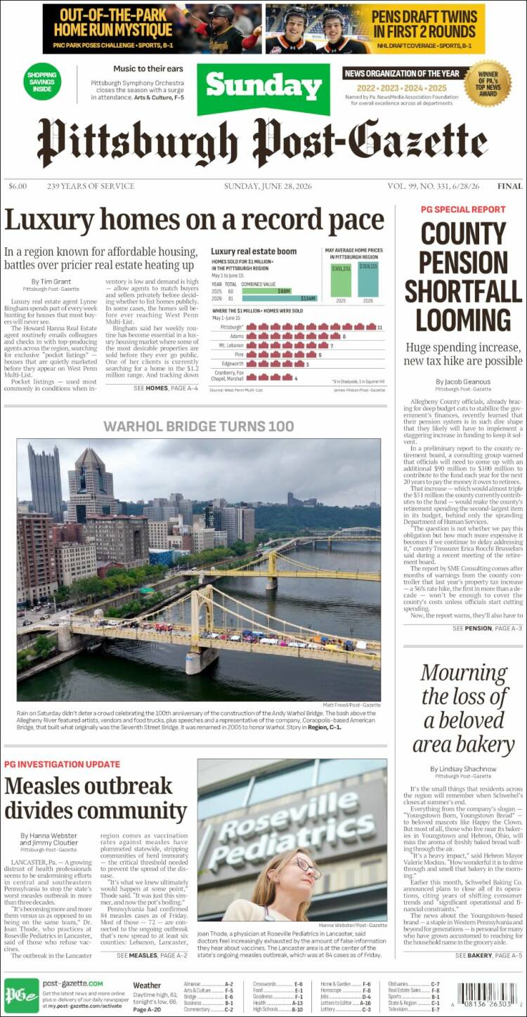 Portada de Pittsburgh Post-Gazette (USA)