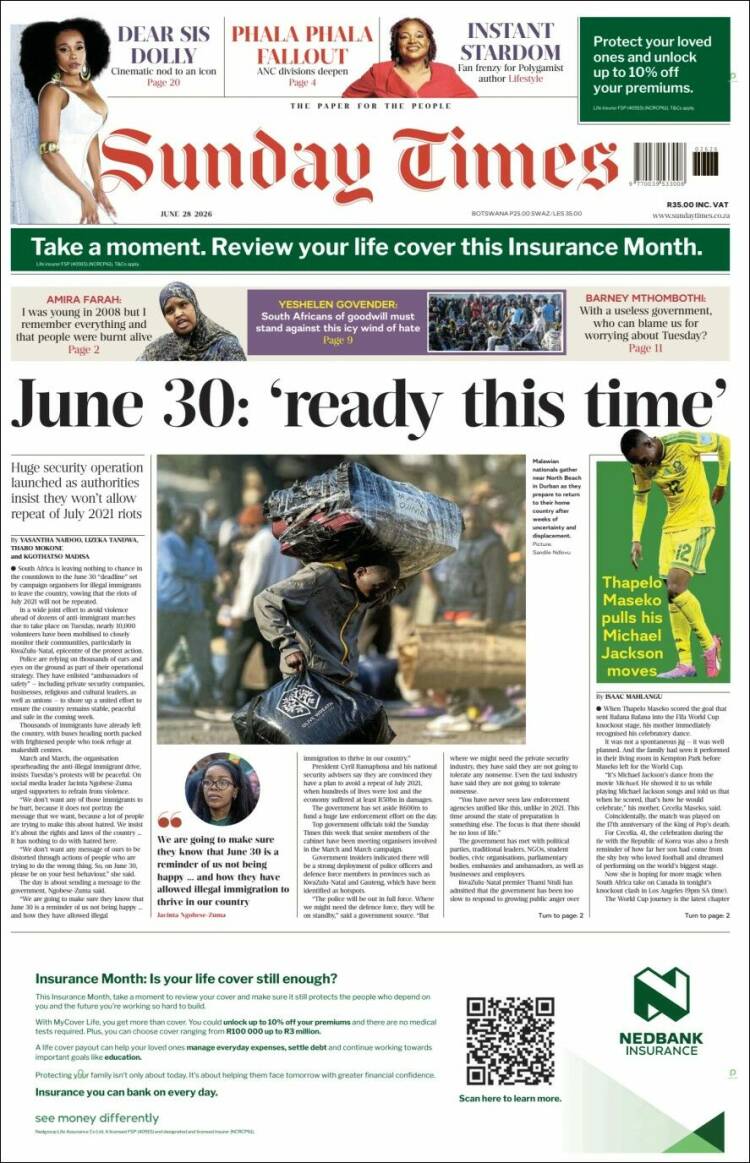 Portada de The Times (Sud&aacute;frica)