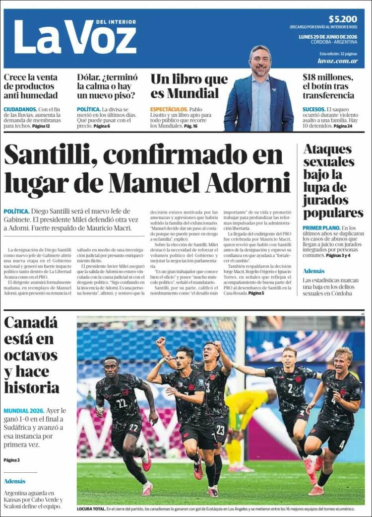 Portada de La Voz del Interior (Argentina)