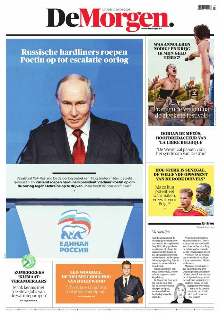 Portada de De Morgen (B&eacute;lgica)