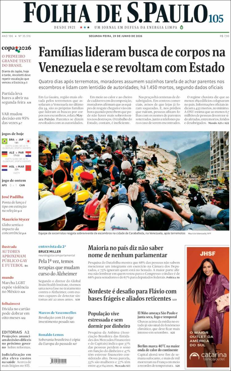 Portada de Folha de São Paulo (Brasil)