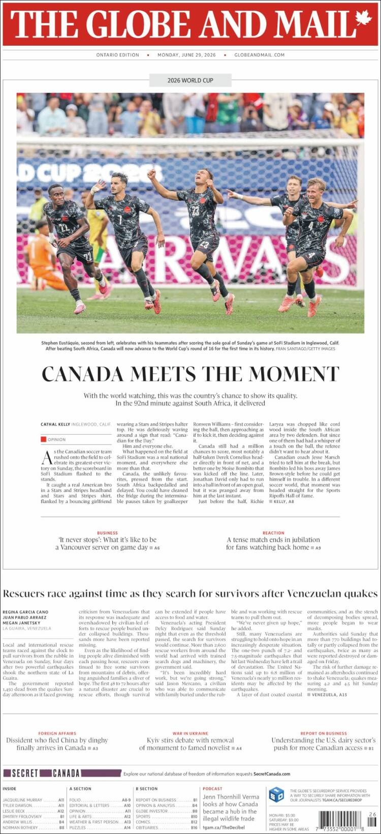 Portada de The Globe and Mail (Canad&aacute;)