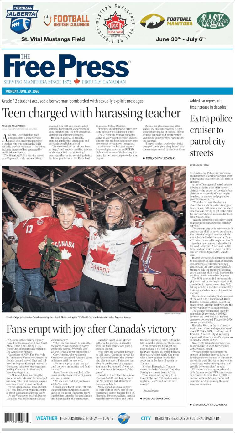 Portada de Winnipeg Free Press (Canad&aacute;)
