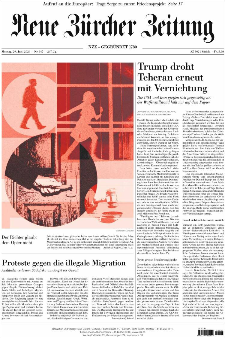 Portada de Neue Zürcher Zeitung (Suiza)