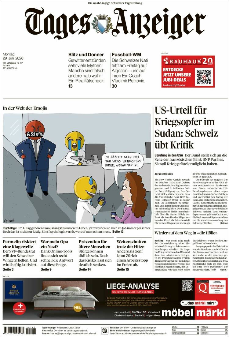 Portada de Tages-Anzeiger (Suiza)