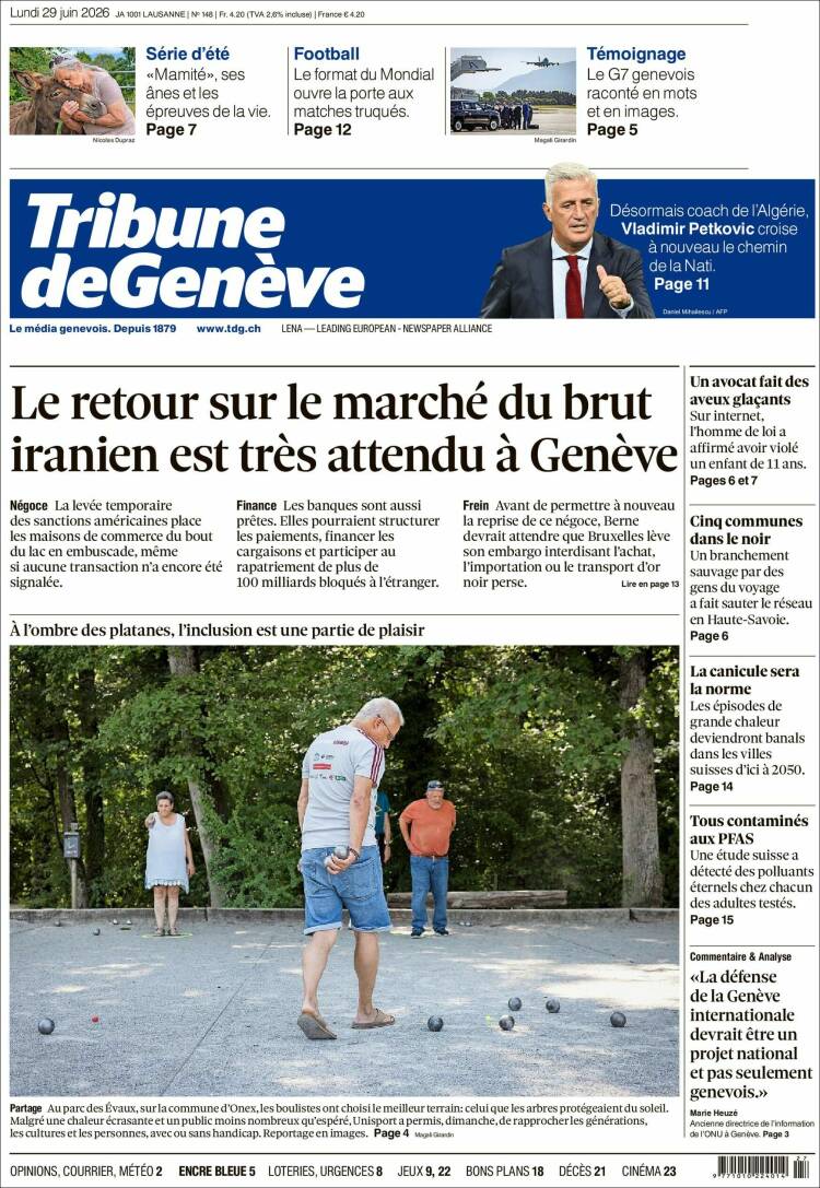 Portada de La Tribune de Genève (Suiza)