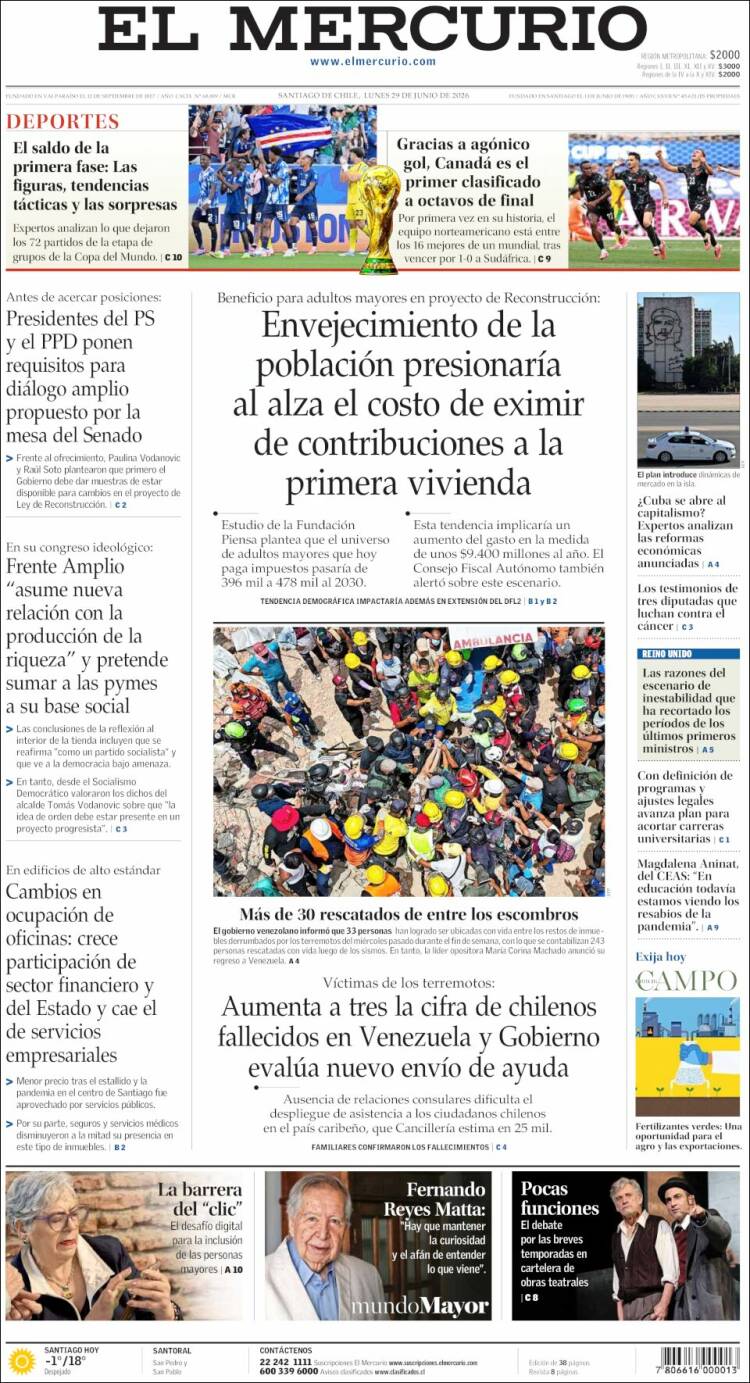 Portada de El Mercurio (Chile)