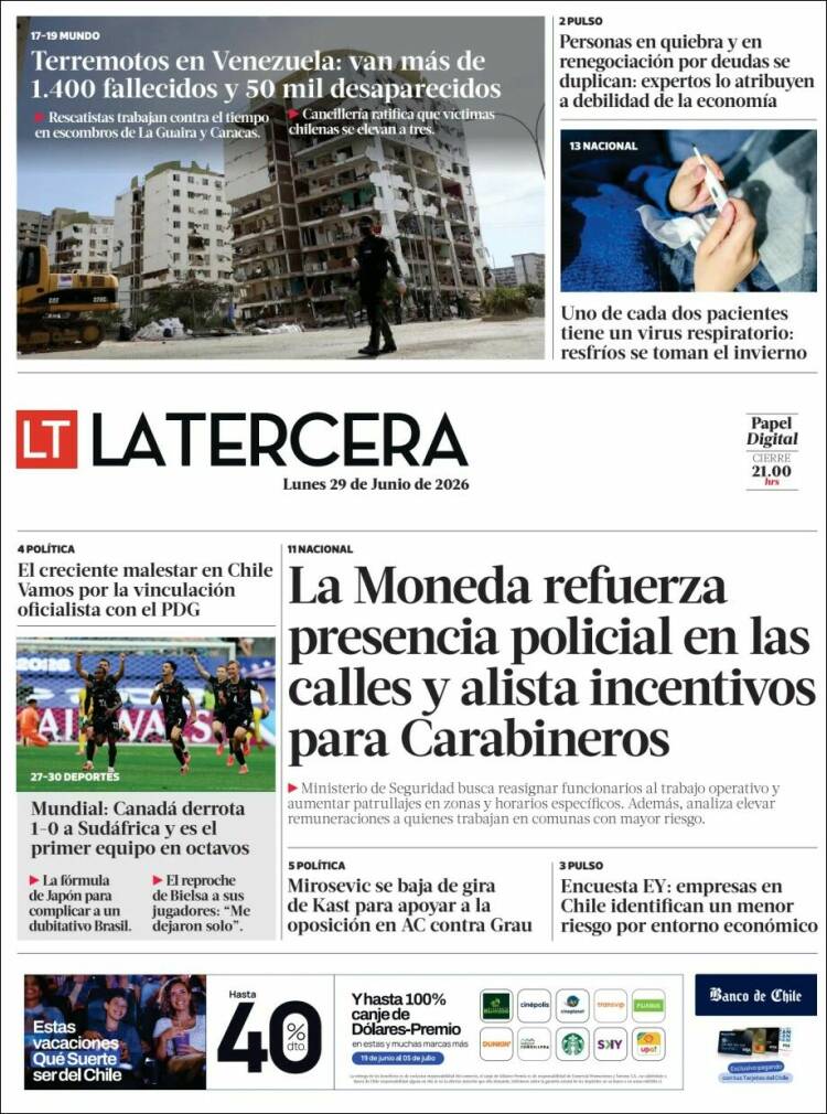 Portada de La Tercera (Chile)