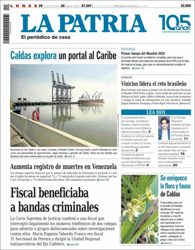 Portada de La Patria (Colombia)