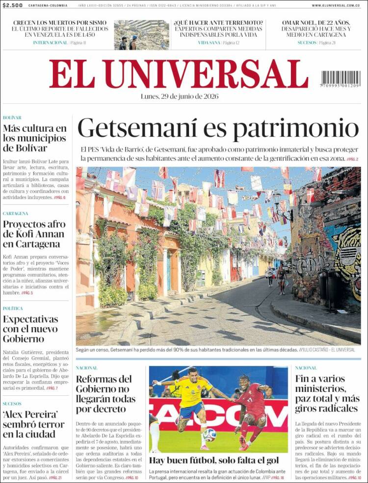 Portada de El Universal (Colombia)
