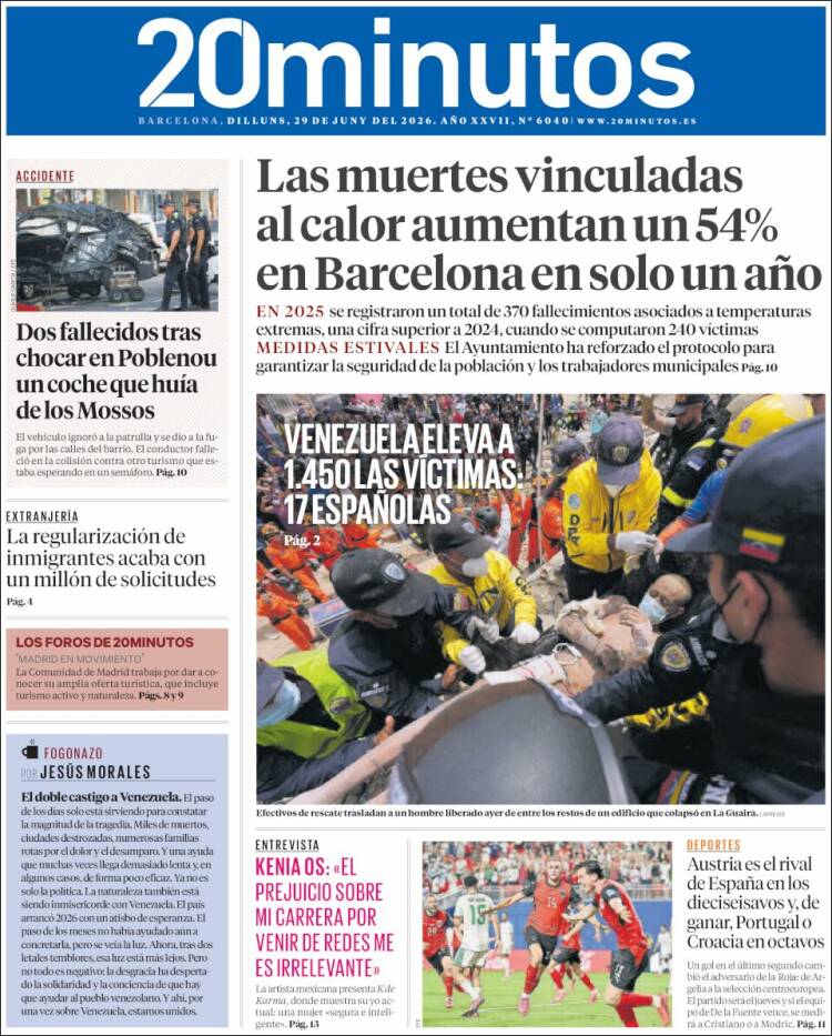 Portada de 20 Minutos - Barcelona (Espa&ntilde;a)