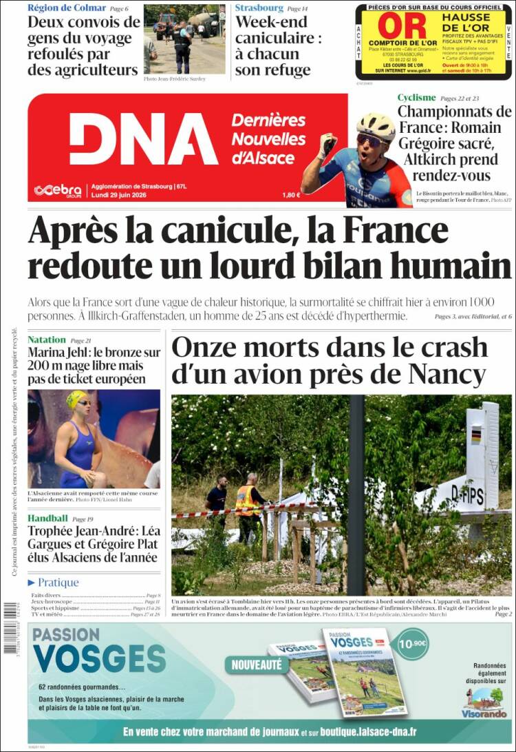 Portada de Les Dernières Nouvelles d'Alsace (Francia)
