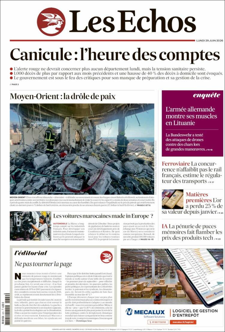 Portada de Les Echos (Francia)