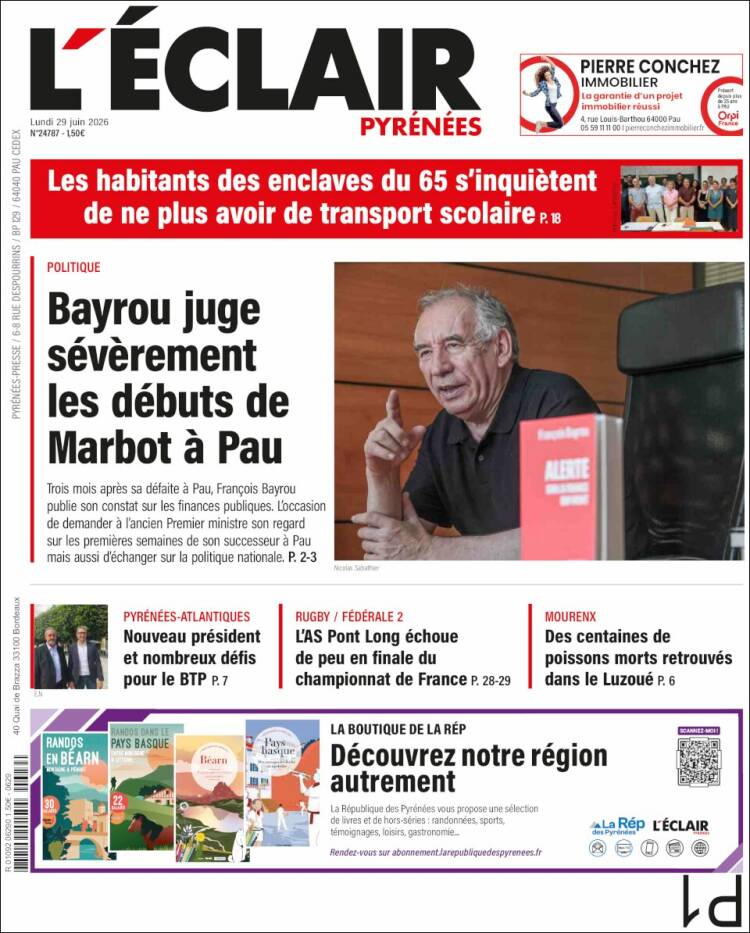 Portada de L'Eclair des Pyrénées (Francia)