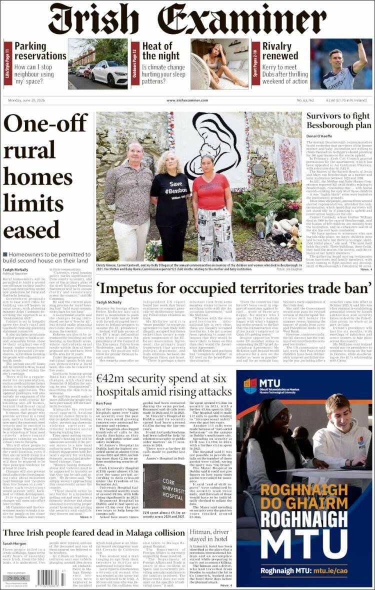 Portada de Irish Examiner (Irlanda)
