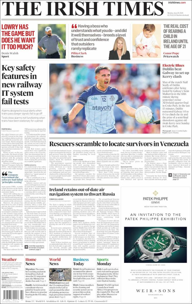 Portada de Irish Times (Irlanda)