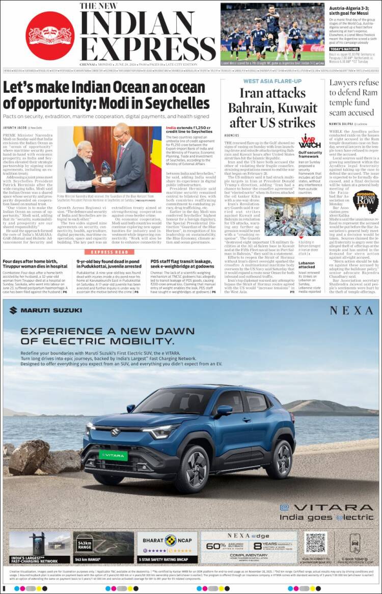 Portada de New Indian Express (India)